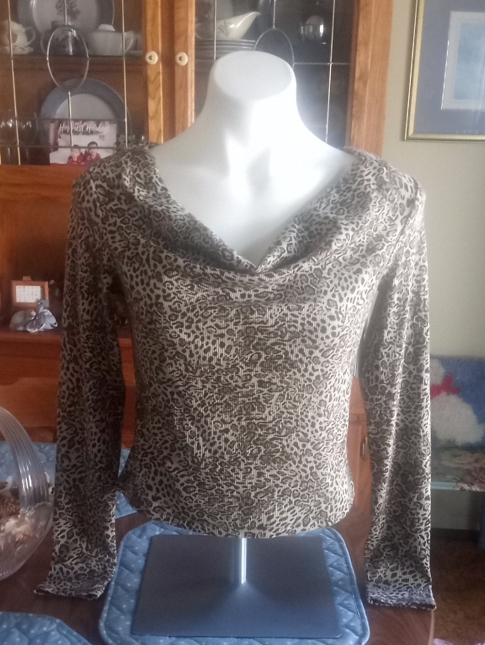 Ardene Taupe and Black Leopard Print Long Sleeve Cowl Neck Top